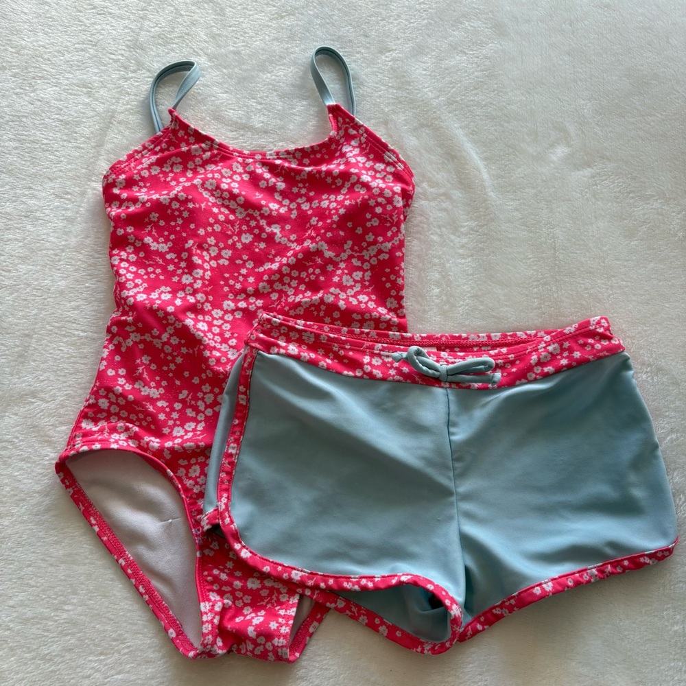 Floral Pink Swimsuit Set with Board Shorts